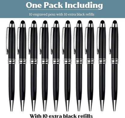 Ancolo Personalized Ballpoint Pens with Stylus - Engraved with Your Message Name/Phone Number Metal Body Black ink Gift for Bank, Office, Hotel Lobbies, Groomsmen Gift 10 Pens/Box