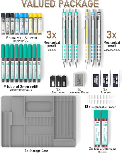 Nicpro Blocky Gear Art Mechanical Pencil Set with Case, 36PCS Metal Mechanical Pencils 0.5, 0.7, 0.9mm & 2mm Lead Holder for Drawing Sketching with 20 Tubes (6B 4B 2B HB 2H 4H Colors) Lead Refills
