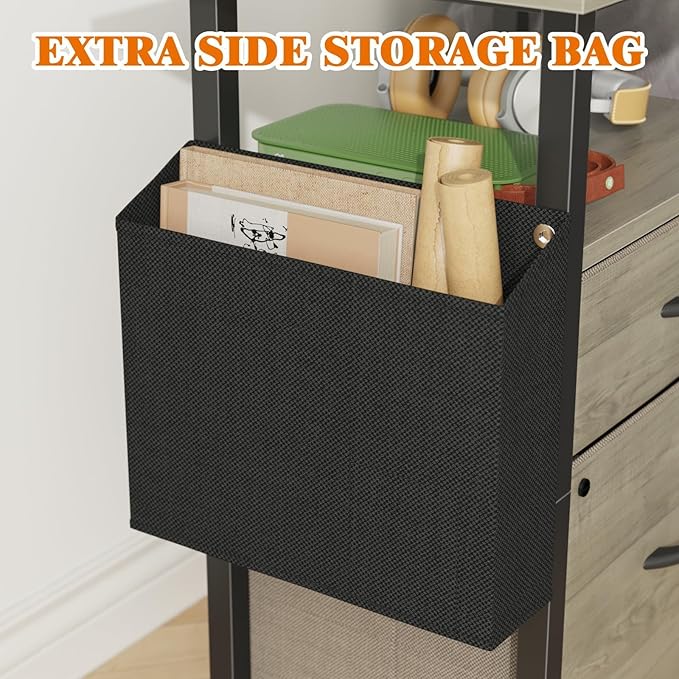 GYIIYUO 2 Drawer File Cabinet with 24'' Extended Desktop, Mobile Filing Cabinet, Rolling File Cabinet with Side Bag, Fabric Drawer, Fits A4 Size, Home Office, Oak Grey