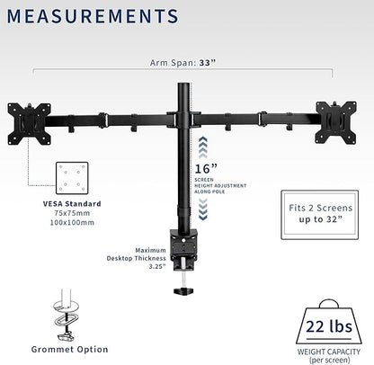 VIVO Dual Monitor Desk Mount, Heavy Duty Fully Adjustable Stand, Fits 2 LCD LED Screens up to 32 inches and 22 lbs Each, Black, STAND-V032