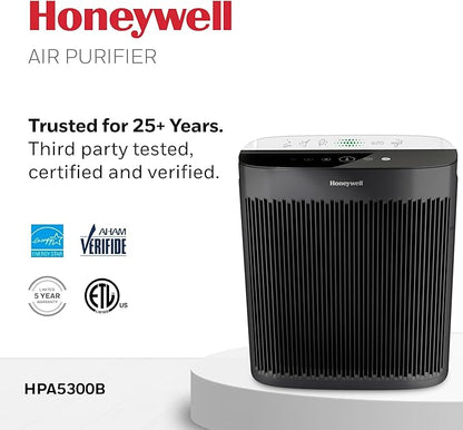 Honeywell Allergen Plus HEPA Air Purifier for Home Large Rooms up to 2400 Ft², Air Quality Monitor, Auto Mode, Reduces Allergens, Pollen, Pet Dander, Odors, Smoke, Black, HPA5300B