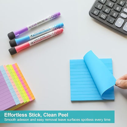 Lined Sticky Notes 4x4 in, 8 Pack Super Sticking Power Self-Stick Note Pads Bright Colors for Home, Office, School