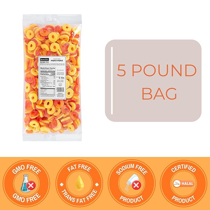 Kervan Candy Bebeto Peach Rings - Fruity, Soft, Sweet & Sour Gummy Candy Bulk for Kids, Gift Snacks and Parties - Peach Gummies Big Party Size Bag (5 lbs)