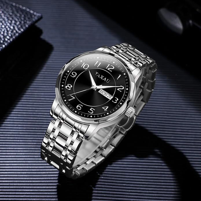 Stainless Steel Mens Watches with Day Date Quartz Analog Large Face Classic Watch Arabic Numerals Dress Luminous Rlojes para Hombres