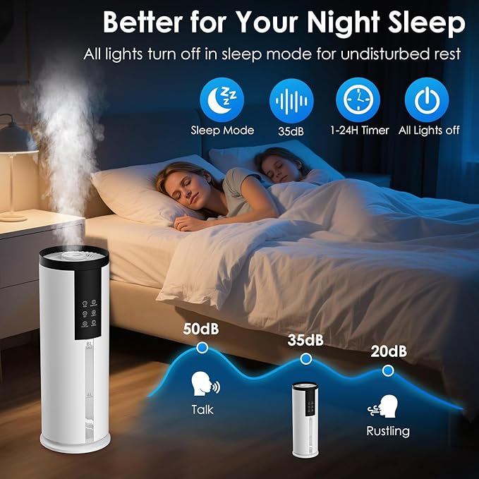 Humidifiers for Large Room - GloryAir 2.11Gal (8L) Quiet Top Fill Cool Mist Humidifier Whole Home 550 ft² 120H Runtime with Humidistat, Auto Mode Diffuser 7-Color Light for Bedroom House Plants Baby