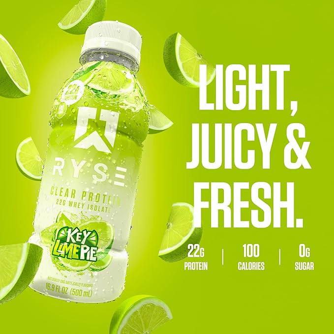 RYSE Clear Protein Drink - Key Lime Pie - 100 Calories, 22g Whey Isolate Protein Shake, Sugar-Free, 0g Fat & Lactose-Free - Refreshing Ready-to-Drink Beverage - 16.9 fl oz Bottles (12-Pack)