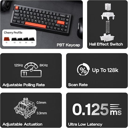 EPOMAKER HE68 Lite Hall Effect Gaming Keyboard, 8k Polling & 128K Scan Rate, 0.005mm Adjustable Trigger, 0.125ms Latency, 5-Layer Sound-Dampened, Snap Key, SOCD, A-RGB, Wired, Mac Software (Black Red)
