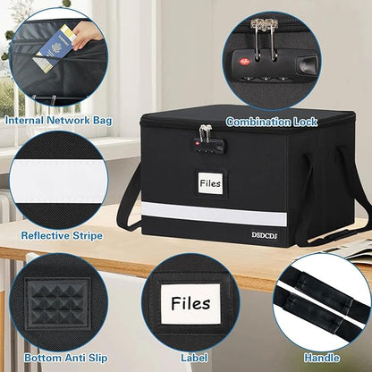 File Box with Lock - Portable File Organizer Box with Handle, Sturdy Important Document Organizer with Label, Slide, Reflective Strip for Hanging Letter/Legal Folder