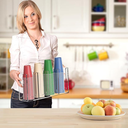 WINFFOR Disposable Cup Organizer Dispenser - 4 Compartments Clear Acrylic Cup and Lid Holder with Handles Plastic Cup Dispenser Countertop Paper Cup Holder for Coffee Bar House Party Essentials