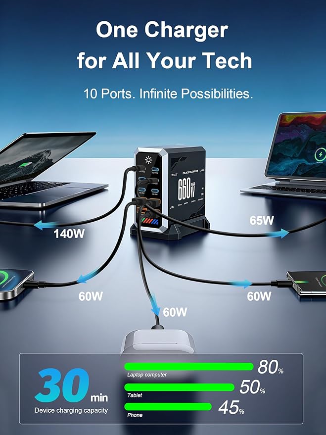 Multi-Port USB Charging Station GaN: Type-C Fast Charger PD3.1 140W for Multiple Devices