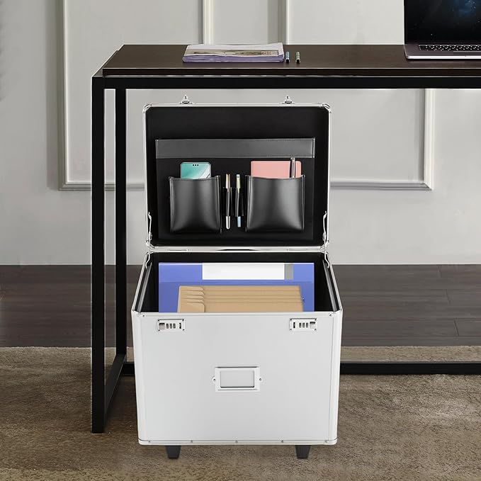 Rolling Cart for Teachers, Rolling File Cart with Hanging Folders, Portable File Box with Handle, Aluminum Alloy, Passcode Lock, Silver