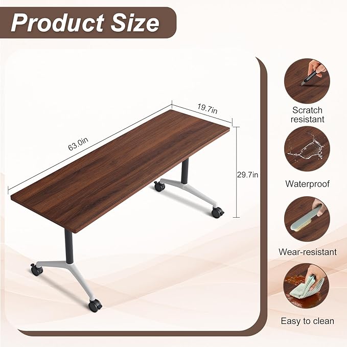 Folding Conference Table,Conference Table with Wheels,Large Flip-Top Training Table,Freely Combinations,Easy to Move for Offices, Schools,Training Rooms（4,Walnut,63in