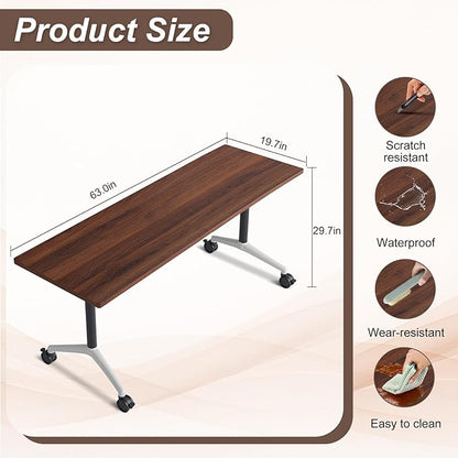 Folding Conference Table,Conference Table with Wheels,Large Flip-Top Training Table,Freely Combinations,Easy to Move for Offices, Schools,Training Rooms（6,Walnut,63in