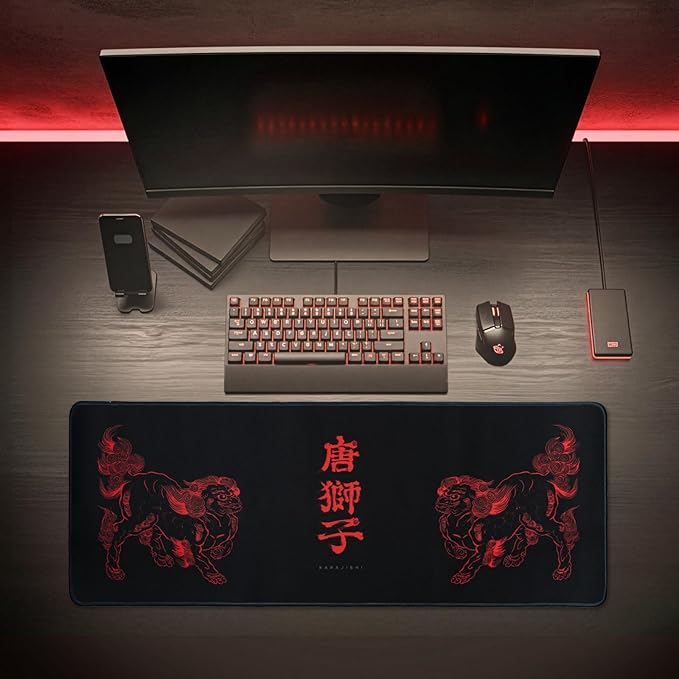 BELLEMOND Japanese Art Desk Mat | Large 31.5x11.8in Desk Pad | Mouse Pad for Keyboard & Mouse | Non-Slip Base, Water-Repellent, Smooth Precision | Kara-jishi - Twin Lions
