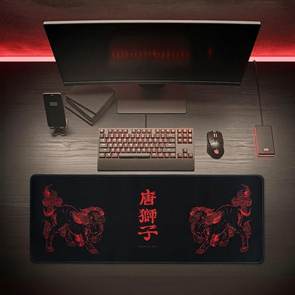BELLEMOND Japanese Art Desk Mat | Large 31.5x11.8in Desk Pad | Mouse Pad for Keyboard & Mouse | Non-Slip Base, Water-Repellent, Smooth Precision | Kara-jishi - Twin Lions