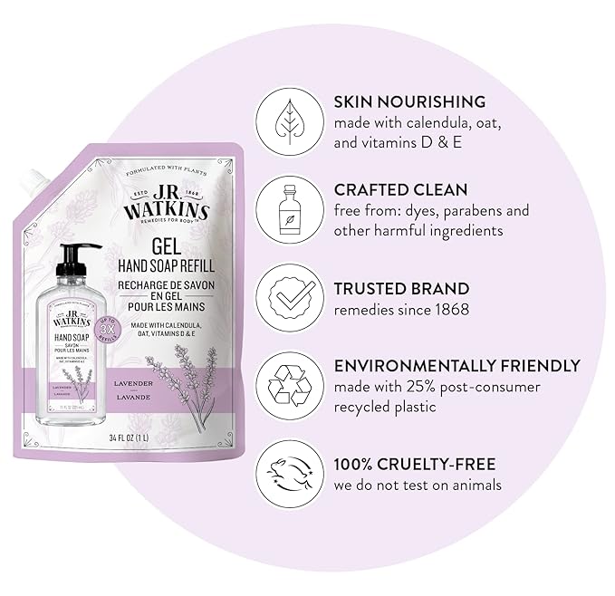 J.R. Watkins Gel Hand Soap Refill, Moisturizing Hand Wash, Alcohol-Free, Cruelty-Free, Lavender, 34 Fl Oz (Pack of 3)