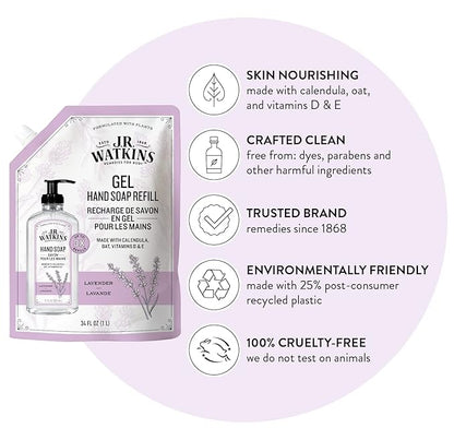 J.R. Watkins Gel Hand Soap Refill, Moisturizing Hand Wash, Alcohol-Free, Cruelty-Free, Lavender, 34 Fl Oz (Pack of 3)