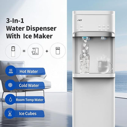 IKT Self Cleaning 3 in 1 Water Cooler Dispenser and Ice Maker for 3-5 Gallon Bottom Load 22 lbs Daily Capacity White