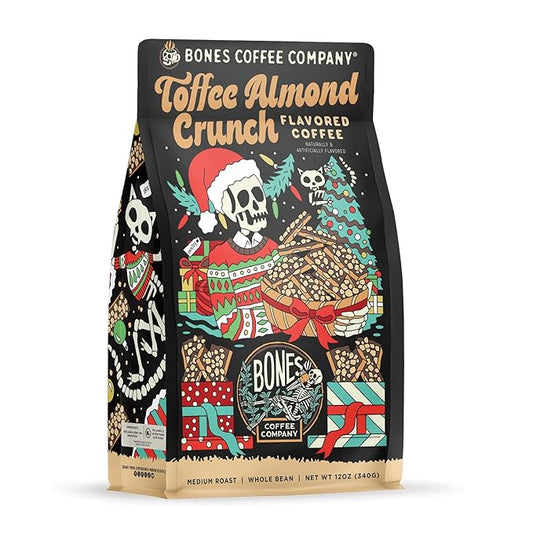 Bones Coffee Company Toffee Almond Crunch, Toffee Almond Flavored Coffee, Medium Roast Low Acid Arabica Beans Compatible with Auto drip and French Press Coffee Maker, 12 Oz Whole Bean