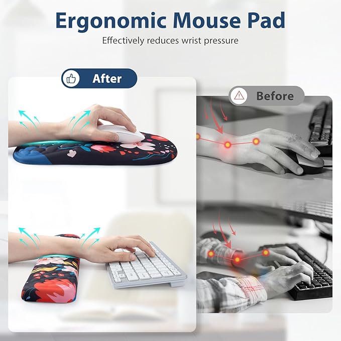 EYROZILL 3 in 1 Ergonomic Mouse Pad and Keyboard Wrist Rest, Cute Mouse Pad with Wrist Support Massage Design, Non-Slip Wrist Pad for Mouse, Desk Mouse Set(Flower)