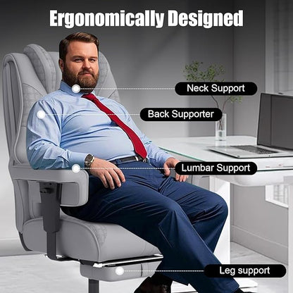 600LBS Big and Tall Office Chair, Oversized Leather Executive Chair with Foot Rest, Wide Ergonomic High-Back Reclining Computer Desk Chair for Heavy People with Lumbar Support and Rolling Wheels
