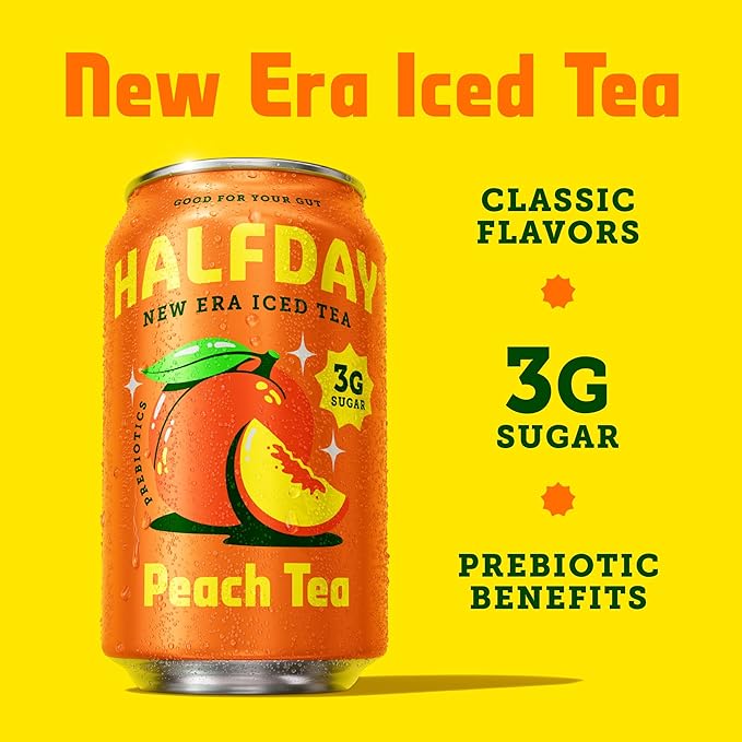 Halfday, Prebiotic Peach Iced Tea, 12 Fl Oz Can