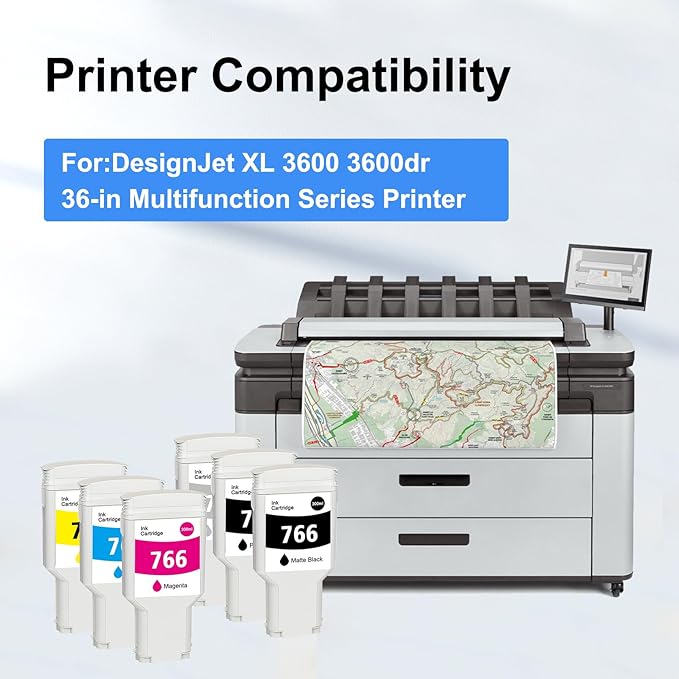 766 Ink Cartridge 6-Pack P2V94A P2V93A P2V92A P2V91A P2V90A P2V89A Ink Replacement for 766 Ink Cartridge for DesignJet XL 3600 3600dr 36-in Multifunction Series Printer Ink-6PK