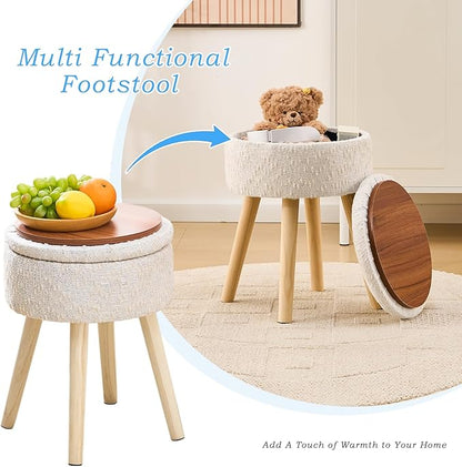 Mxfurhawa Storage Ottoman Velvet Round Vanity Stool Tray Top Modern Foot Stool with Wood Legs Multifunctional Upholstered Foot Ottoman Rest for Living Room, Bathroom