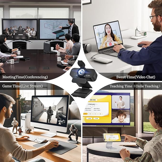 Webcam with Microphone, 1080p Full Hd Webcam for pc with Rotatable Tripod and Privacy Cover,Camera for Computer or Web Camera for Desktop Computer, Ideal for Remote Workers, Students, Gamers
