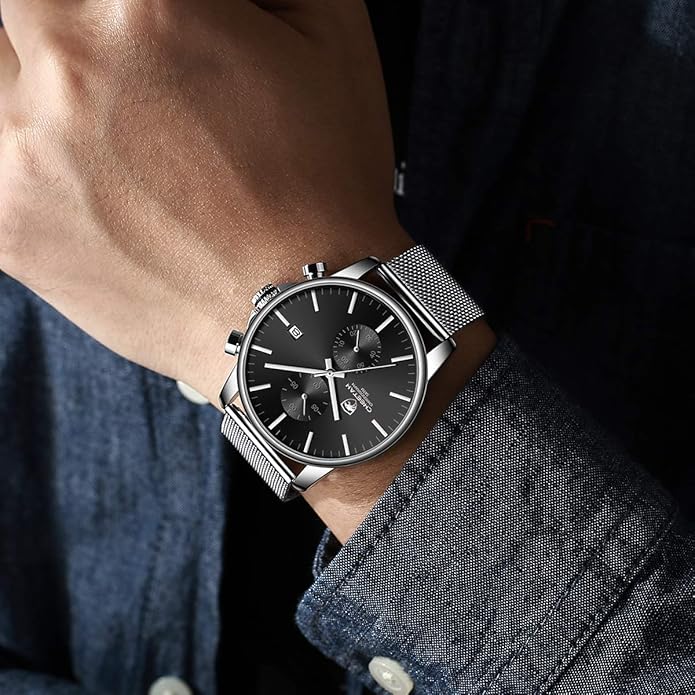 GOLDEN HOUR Mens Watch Fashion Sleek Minimalist Quartz Analog Mesh Stainless Steel Waterproof Chronograph Watches for Men with Auto Date