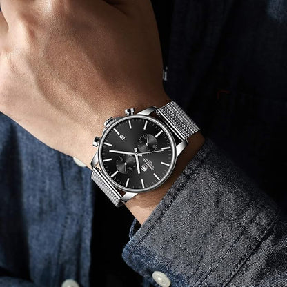 GOLDEN HOUR Mens Watch Fashion Sleek Minimalist Quartz Analog Mesh Stainless Steel Waterproof Chronograph Watches for Men with Auto Date