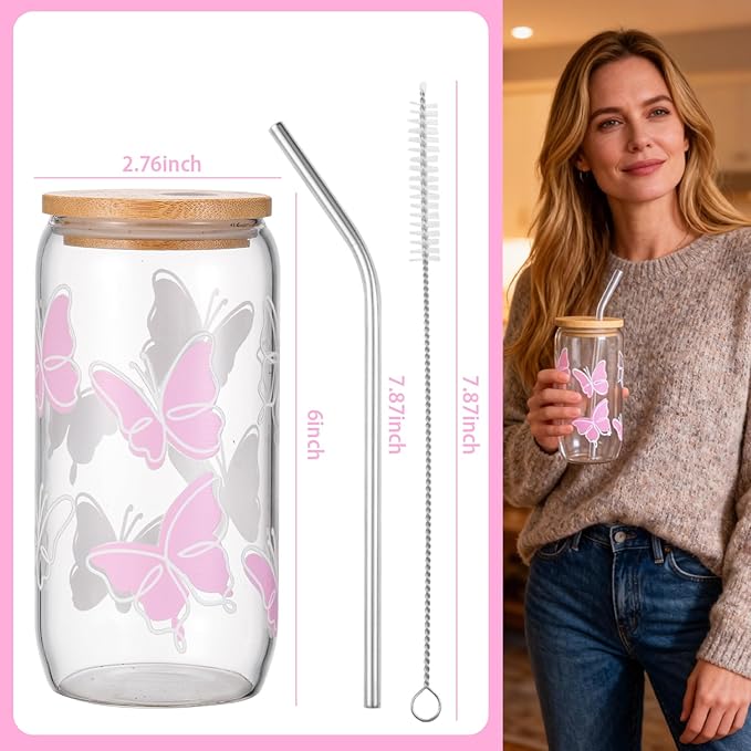 Butterfly Cute Glass Cups with Lids and Straws, Aesthetic Iced Coffee Cup, Girly Preppy Design Tumbler Mug, Birthday, Valentines, Teen Girl Gifts Trendy Stuff