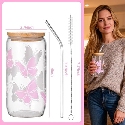 Butterfly Cute Glass Cups with Lids and Straws, Aesthetic Iced Coffee Cup, Girly Preppy Design Tumbler Mug, Birthday, Valentines, Teen Girl Gifts Trendy Stuff