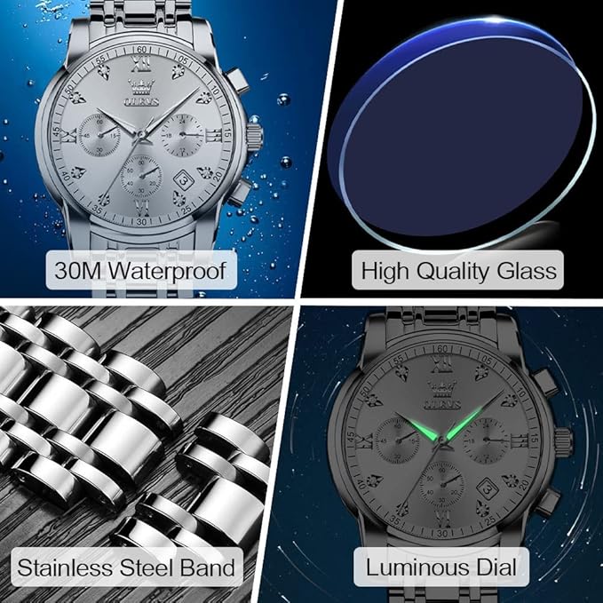 OLEVS Men's Stainless Steel Chronograph Watch, Big Face Gold Silver Black Tone Easy to Read Analog Quartz Watch, Luxury Waterproof Date Diamond Roman Arabic Numerals Dial Dress Watch for Men