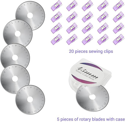 Headley Tools Rotary Cutter Set - 45mm Fabric Cutter, 5 Extra Rotary Blades, A3 Cutting Mat, Quilting Ruler and Sewing Clips, Craft Knife Set, Ideal for Crafting, Sewing, Patchworking, Purple