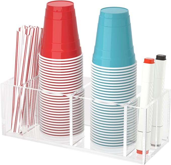 Double Cup Holder with Marker Slot, Party Cup Dispenser Acrylic Cup Organizer Mark Your Cup and Drink Up Caddy Modern Bar Counter Decor, Clear