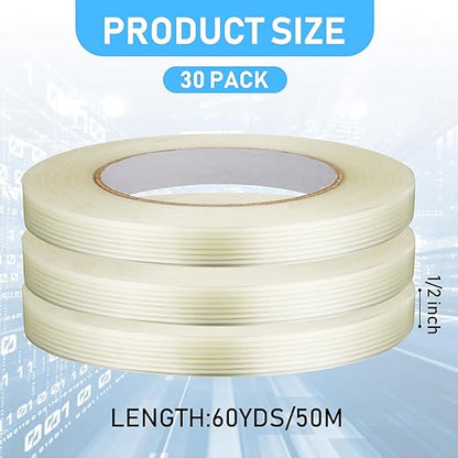 Treela 30 Rolls Filament Strapping Tape 5.5 Mil Transparent Reinforced Fiberglass Heavy Duty Packing Shipping Tape for Sealing Binding Fixing (1/2 Inch X 60 Yards)