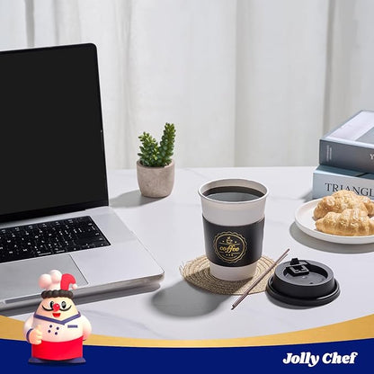 JOLLY CHEF 100 Pack 12 oz Disposable Coffee Cups Hot Beverage Paper Coffee Cups with Lids, Sleeves and Stirrers (Black and White)