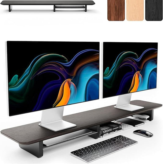 KIVY Dual Monitor Riser With Integrated Metal Shelf [MADE BY HAND] - Wooden Desk Shelf for 2 Monitors - Wide Long Stand for Desk (44 x10x3in - Black)
