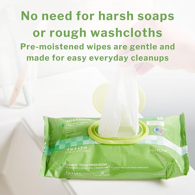 McKesson Adult Flushable Wet Wipes - 144 Count (3 Pack of 48) - Aloe & Vitamin E, Plant-Based Cleansing Wipes, Unscented