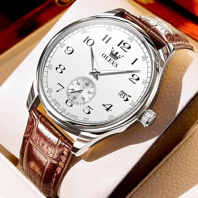 OLEVS Mens Watches Vintage Leather Band Dress Classic Easy Reader Arabic Numerals Analog Quartz Waterproof Date and Day Blue/Black/White Large Face Men's Wrist Watches