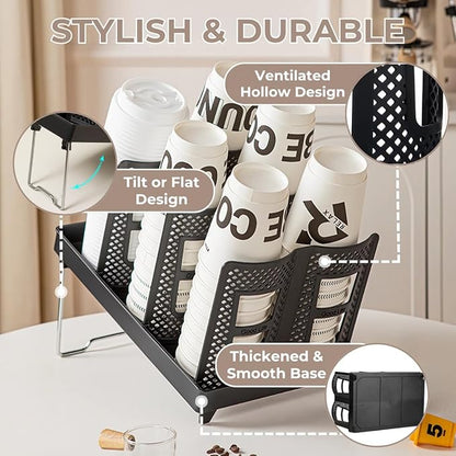 Atarvana 6 Slots Paper Cup and Lid Holder for 8-20oz Cups, Disposable Coffee Cup Dispenser of 2 Display Design for Coffee Station, Bar, Office, Home, Restaurant, Breakroom, Countertop