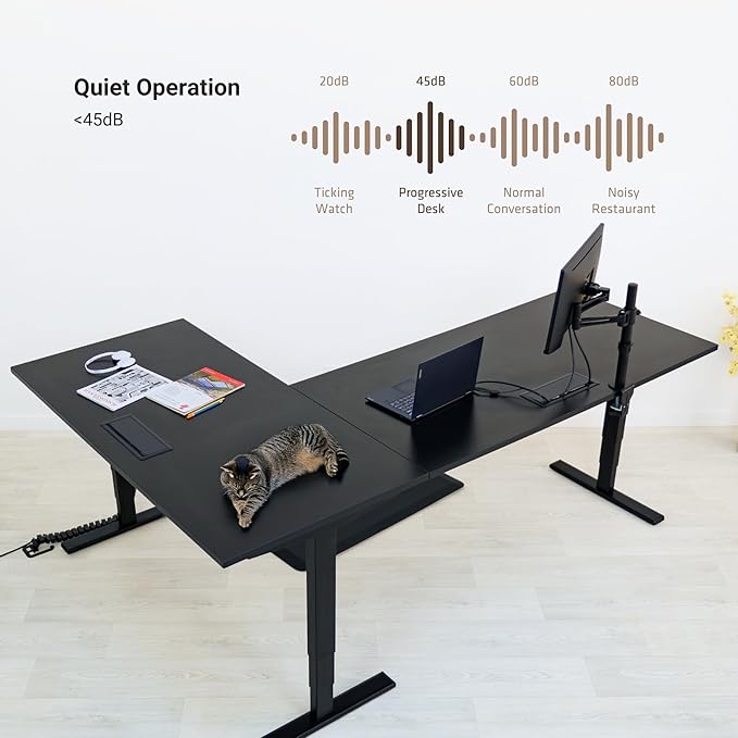 Progressive Desk Stand Up Height Adjustable Standing Desk - L Shaped 85" x 72" Corner Computer Rising Workstation Electric Table - Roasted Walnut, Black Frame