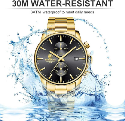 GOLDEN HOUR Fashion Business Mens Watches with Stainless Steel Waterproof Chronograph Quartz Watch for Men, Auto Date