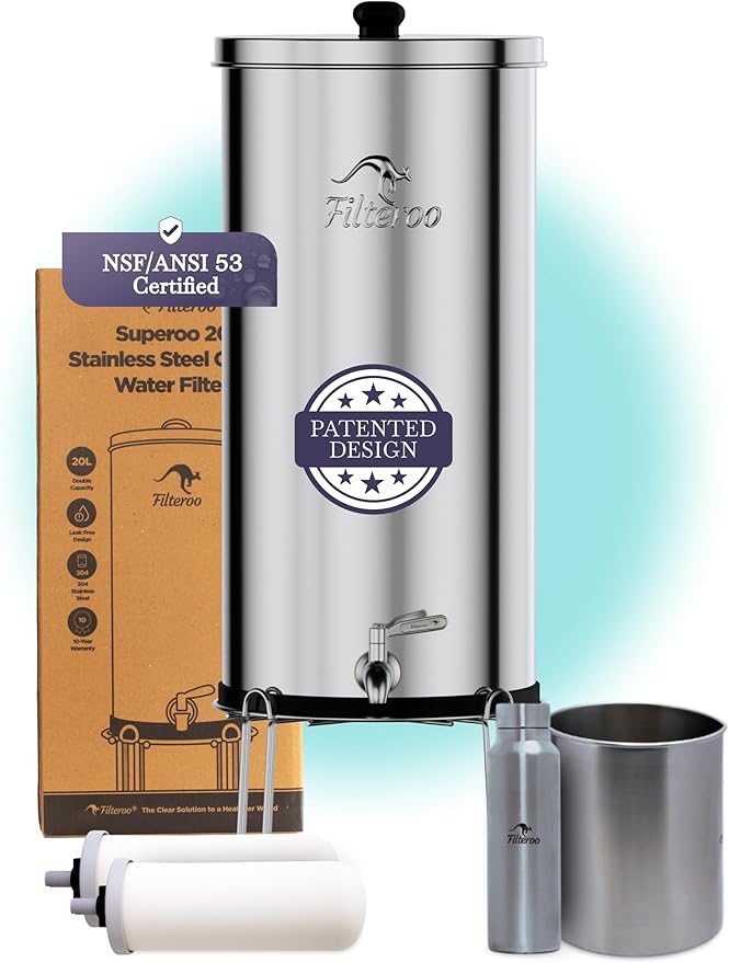 Countertop Gravity Water Filter System - 5.28 Gal/20L | 304 Stainless Steel | Gravity-Fed Water Purifier with 2 Fluoride & Chlorine Reduction Ceramic Cartridges | Also Removes Bacteria & Heavy Metals