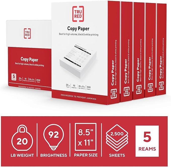 TRU RED Copy Paper, 8.5" x 11" Sheet Size, 92 Brightness, 20 lbs., Smooth Finish White Paper (500 Sheets/Ream, 5 Reams/Carton)