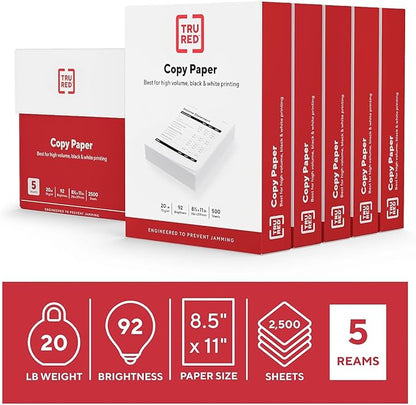 TRU RED Copy Paper, 8.5" x 11" Sheet Size, 92 Brightness, 20 lbs., Smooth Finish White Paper (500 Sheets/Ream, 5 Reams/Carton)