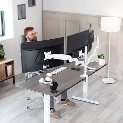 VIVO 17 to 32 inch Triple Pneumatic Monitor Mount, 2 Pneumatic Arms, 1 Fixed, Adjustable Swivel, Rotation, Heavy Duty VESA Desk Stand with C-clamp, Max VESA 100x100, White, STAND-V300GW