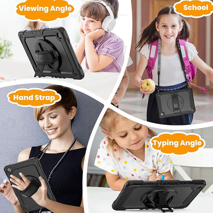 SEYMAC stock Case for Samsung Galaxy Tab A9 8.7'', Full-Body Drop Protection Case with Screen Protector Pencil Holder [360° Rotating Hand Strap] &Stand, Black