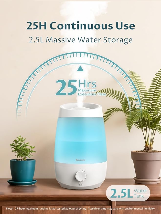BREEZOME Humidifiers for Bedroom, 2.5L Humidifiers for Home, 250ml/h Mist Output, 7 Adjustable LED,25hrs Essential Oil Diffuser, 25dB Top Fill Ultrasonic Humidifier for Baby and Indoor Plants, White